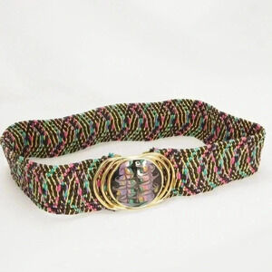Vtg 80s Boho Braided Multi-Color Rope Belt Gold Tone Iridescent Abstract Buckle